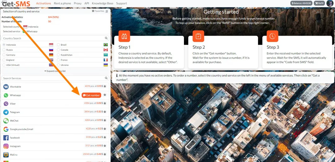 Choosing a country and service to get a virtual number in the Get-SMS dashboard